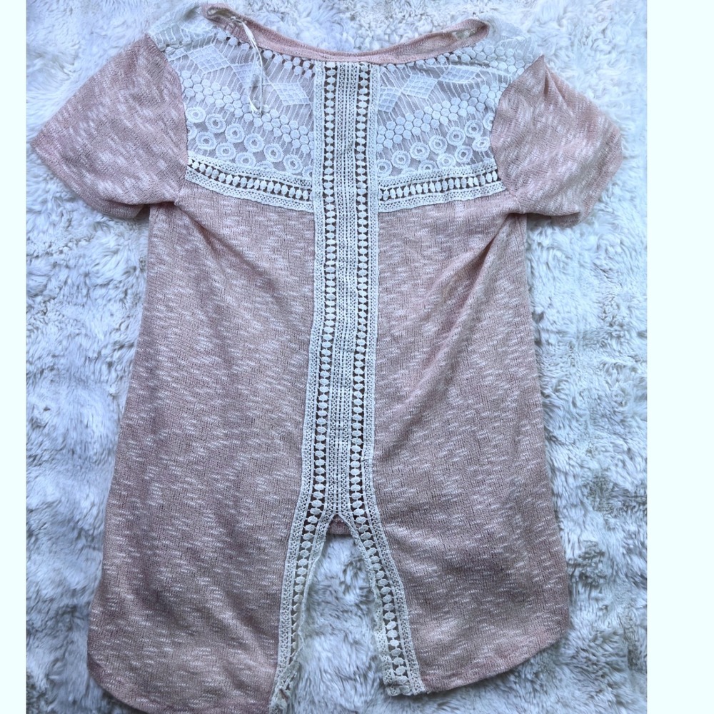 Blu Pepper Pink Marl Crochet Lace Back Split Hem Boho Knit Top Large. A40
